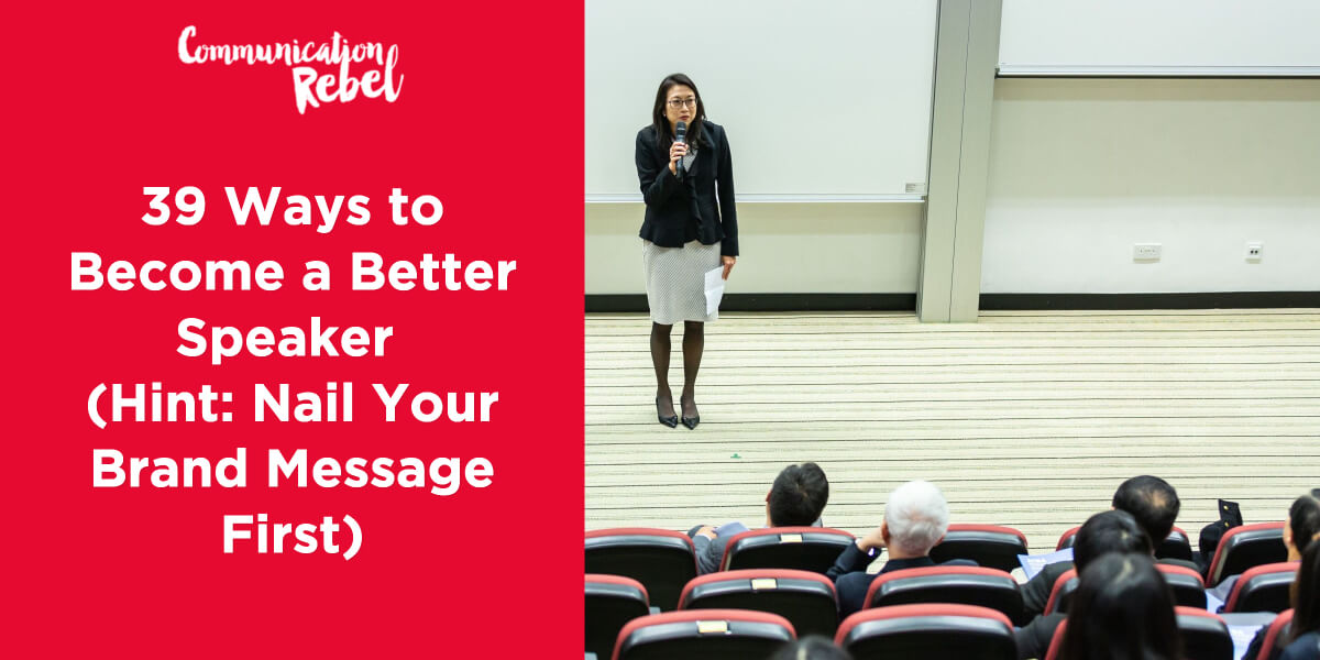 Women on stage to becoming a better speaker by practicing her brand message